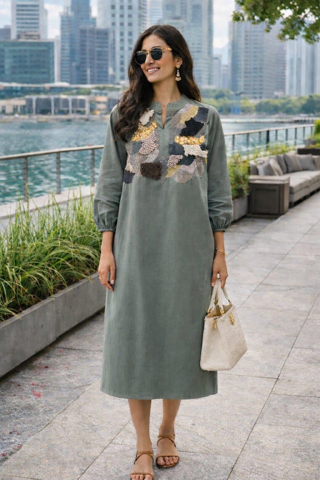 Muted grey-green midi dress on a city walkway, yoke patched in slate, gold, cream and black, three-quarter blouson sleeves.