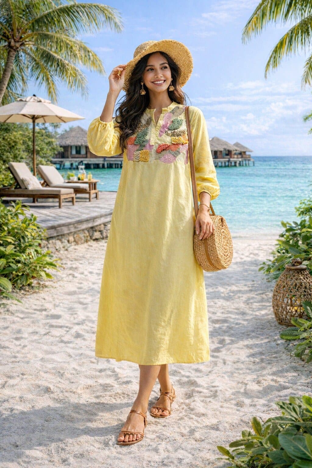 Pale yellow midi dress photographed on sand, pastel patch panel across the chest, band collar open to a short slit.