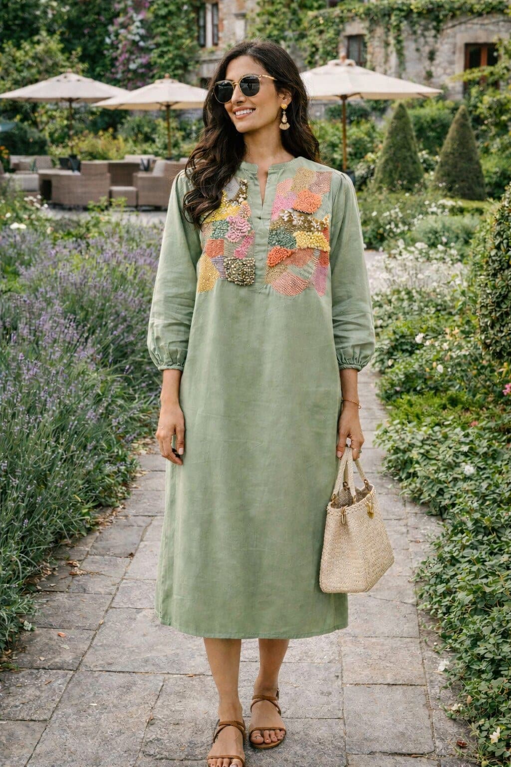 Sage green cotton midi dress in a garden, its pieced yoke in coral, pink and gold, sleeves gathered into cuffs below the elbow.