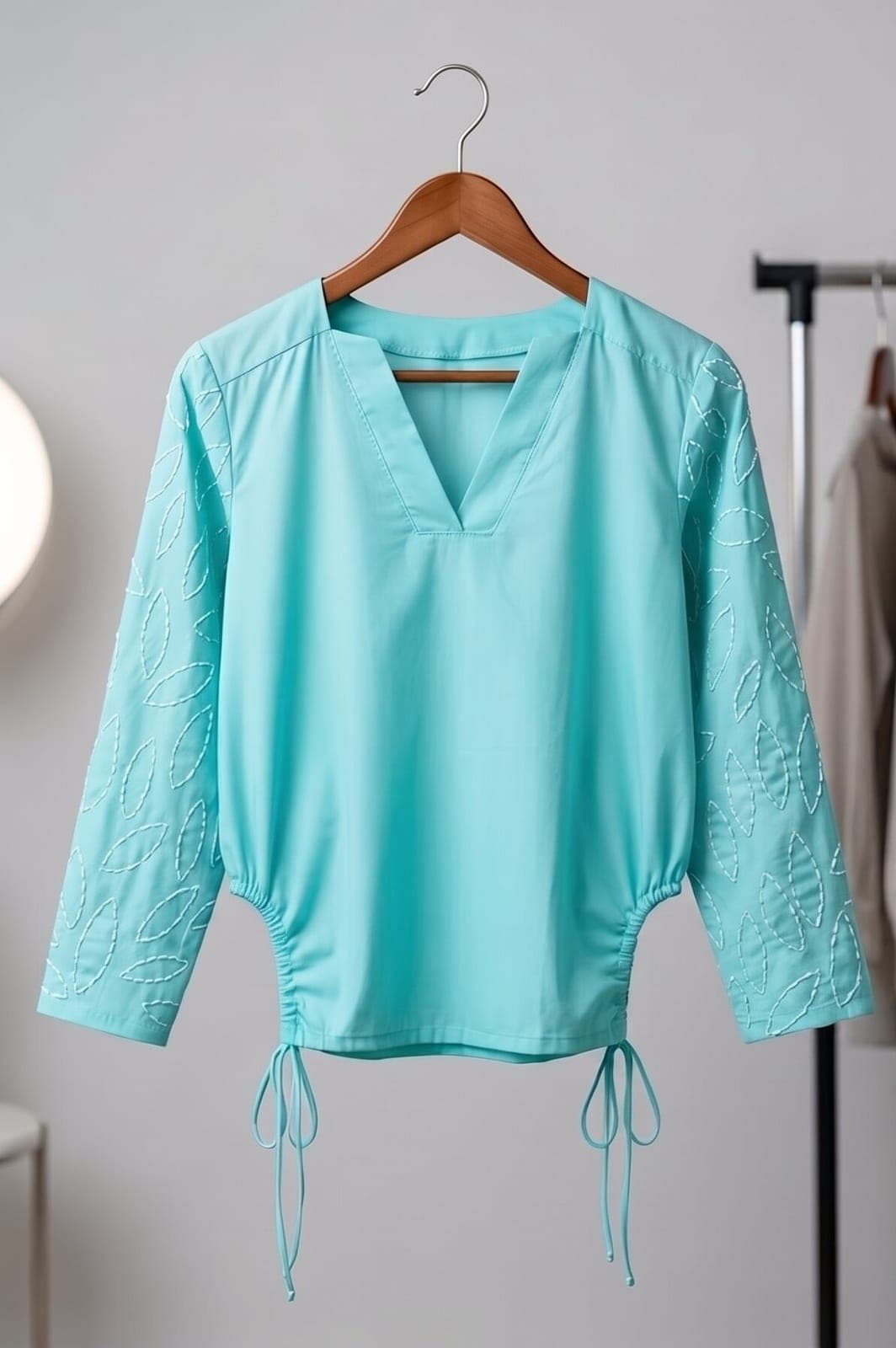Aqua blue cotton blouse on a wooden hanger, white leaf outlines stitched along both long sleeves, drawstring ties at the hem.