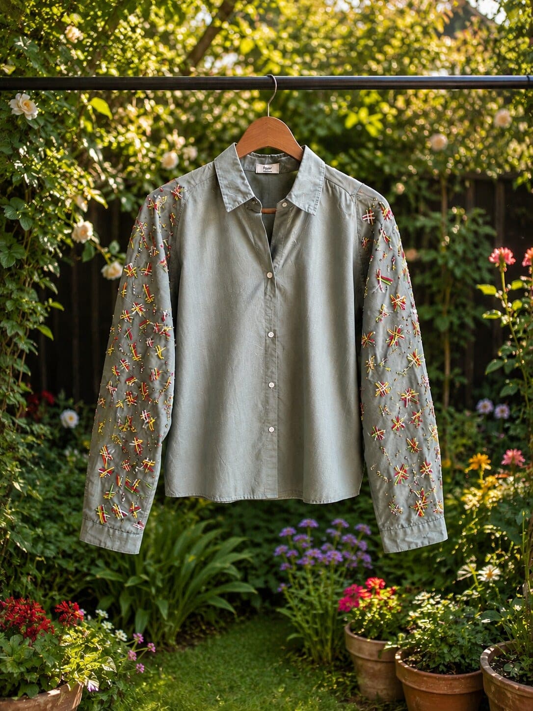 Grey-green cotton shirt hanging on a wooden hanger in a garden, both sleeves covered in multicoloured star embroidery and beads.