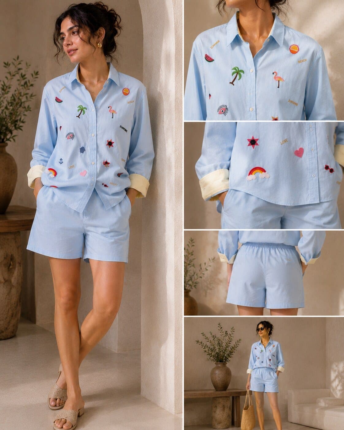 Five views in one frame: the powder blue shirt worn open over shorts, with close-ups of the flamingo, palm and rainbow embroidery.